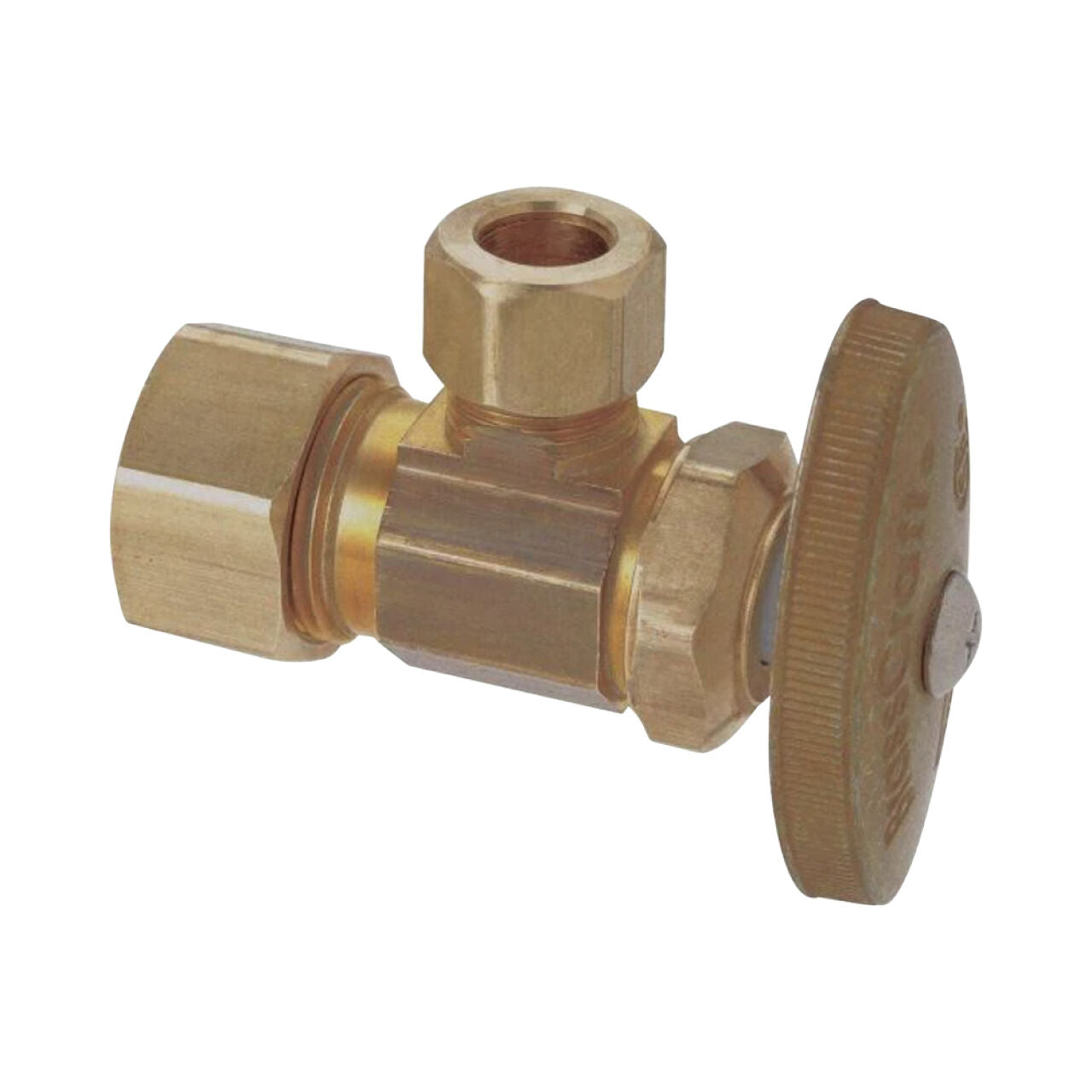 The Go Build 1/2 in. Nominal Compression Inlet x 3/8 in. O.D. Compression Outlet Multi-turn Angle Valve - Brass features a round ridged handle and compression fittings for versatile plumbing use.